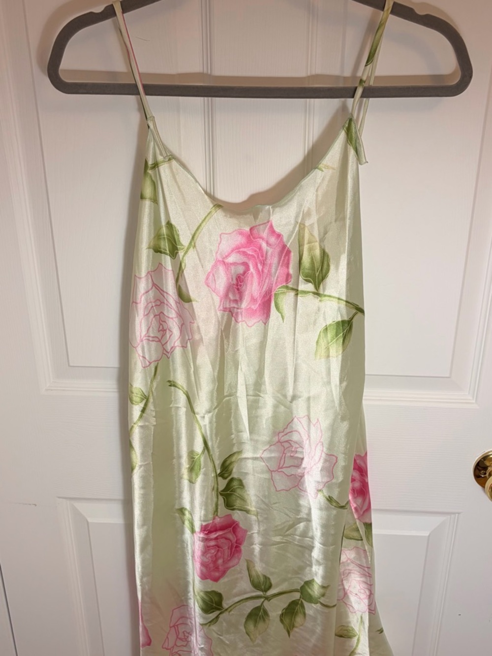 Floral Satin Slip Chemise in Light Green with Pink Roses